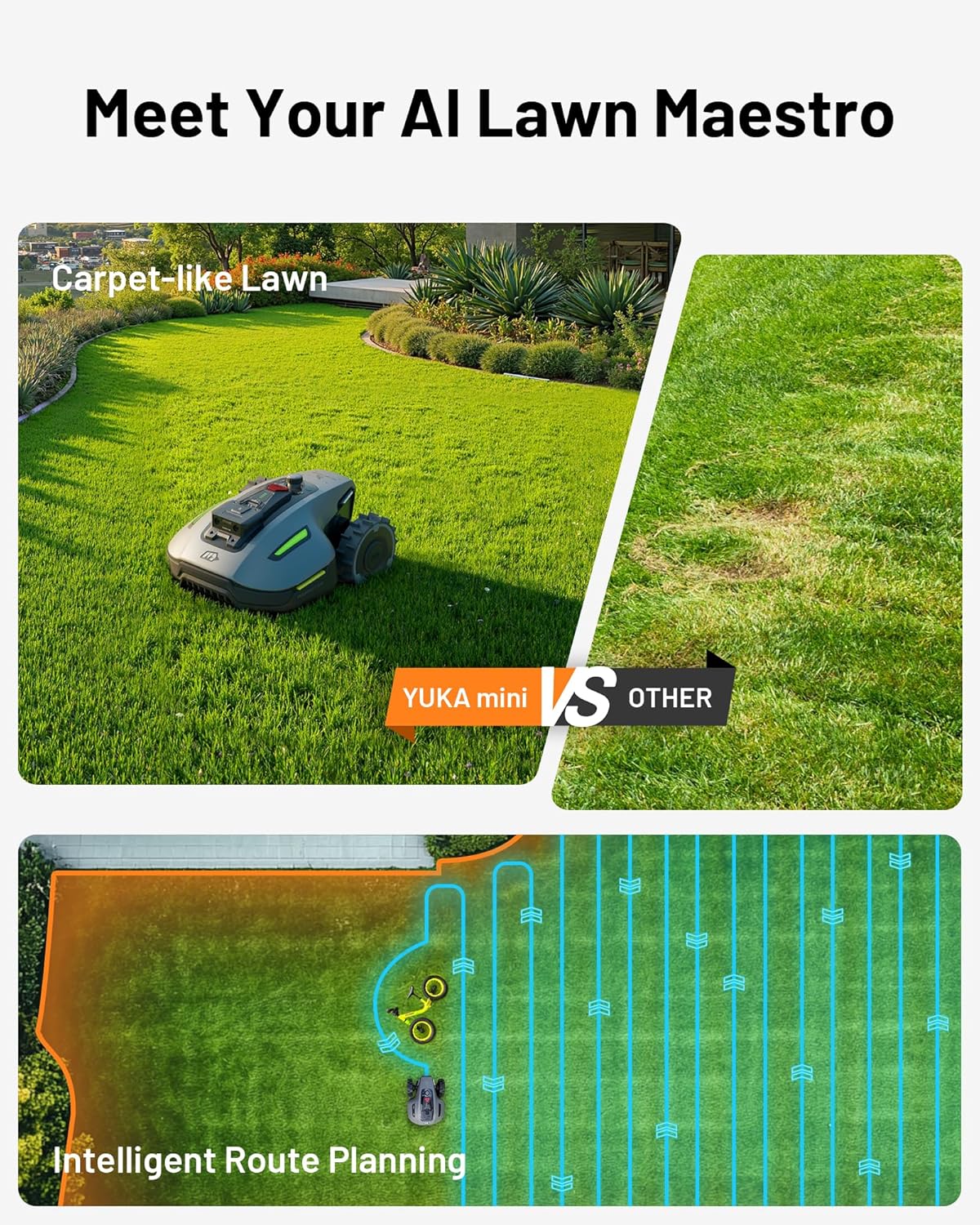 YUKA mini 700 Robot Lawn Mower for 0.17 Acre, UltrasenseAI Vision+ RTK Positioning, Auto Mapping, App Control,50% Slope,Perimeter Wire Free, 15 Mowing Zones Management