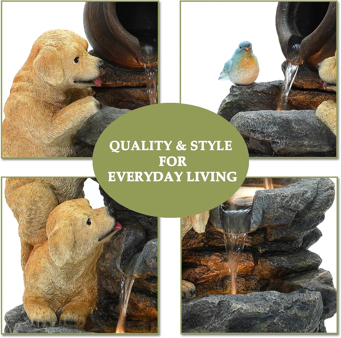 LuxenHome Outdoor Water Fountain, 26 Inch Puppy and Rock Resin Water Fountains Indoor with LED Lights, Farmhouse Waterfall Outdoor, Indoor Fountains and Waterfalls for Patio, Garden Decor