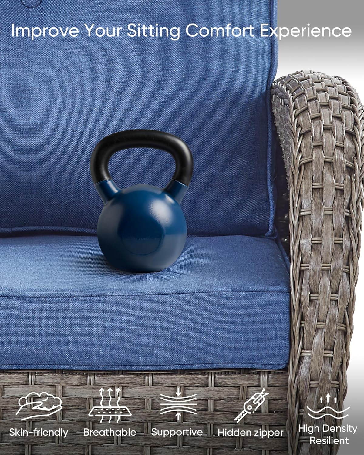 HUMMUH 3 Piece Outdoor Rocking Chairs Bistro Set-All Weather Wicker Outdoor Swivel Chairs Set of 2 with Side Table Small Patio Furniture Set for Deck Lawn Porch Balcony Poolside-Grey/Blue