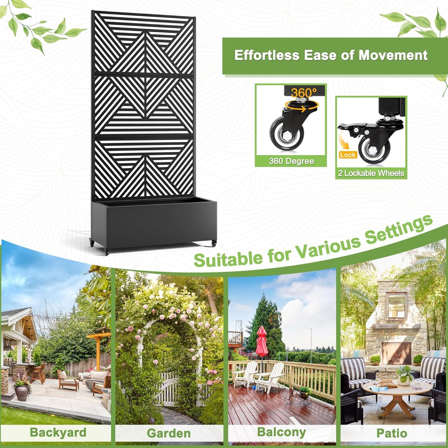 FENCY Metal Raised Garden Bed with Wheels and Trellis,73"x35"x16" Planter Box for Climbing Plants, Vegetables & Vines, Features Privacy Screen and Drainage Holes (Black-Modern)