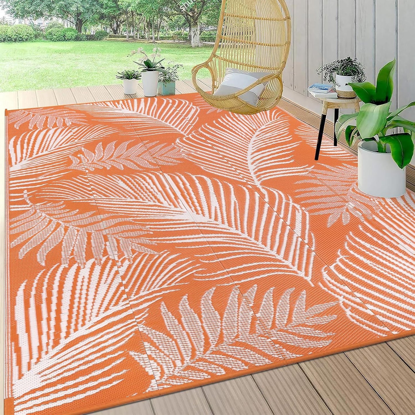 Pauwer Waterproof Outdoor Rug 8x10, Reversible Plastic Straw Patio Camping Rug, Indoor Outdoor RV Mat Carpet for Deck, Camper, Porch, Balcony, Backyard, Picnic, Leaf Orange