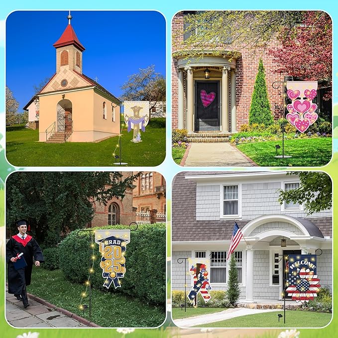 12 Set Seasonal Garden Flags 8 Modes Solar LED Double Sided 12 x 18 Inch Small Yard Flag Outdoor Lighted Spring Summer Easter Graduation Memorial Day Garden Decor for All Seasons, 12 Styles