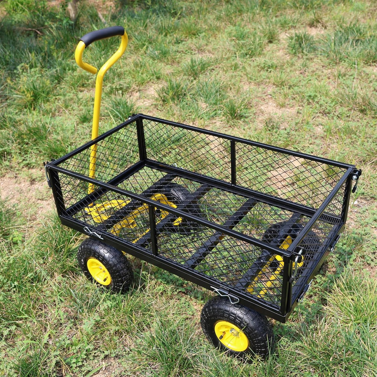 Wagon Removable Sides - Farm, Warehouse, Yard Dump Cart - Yellow+Black Air Wheels