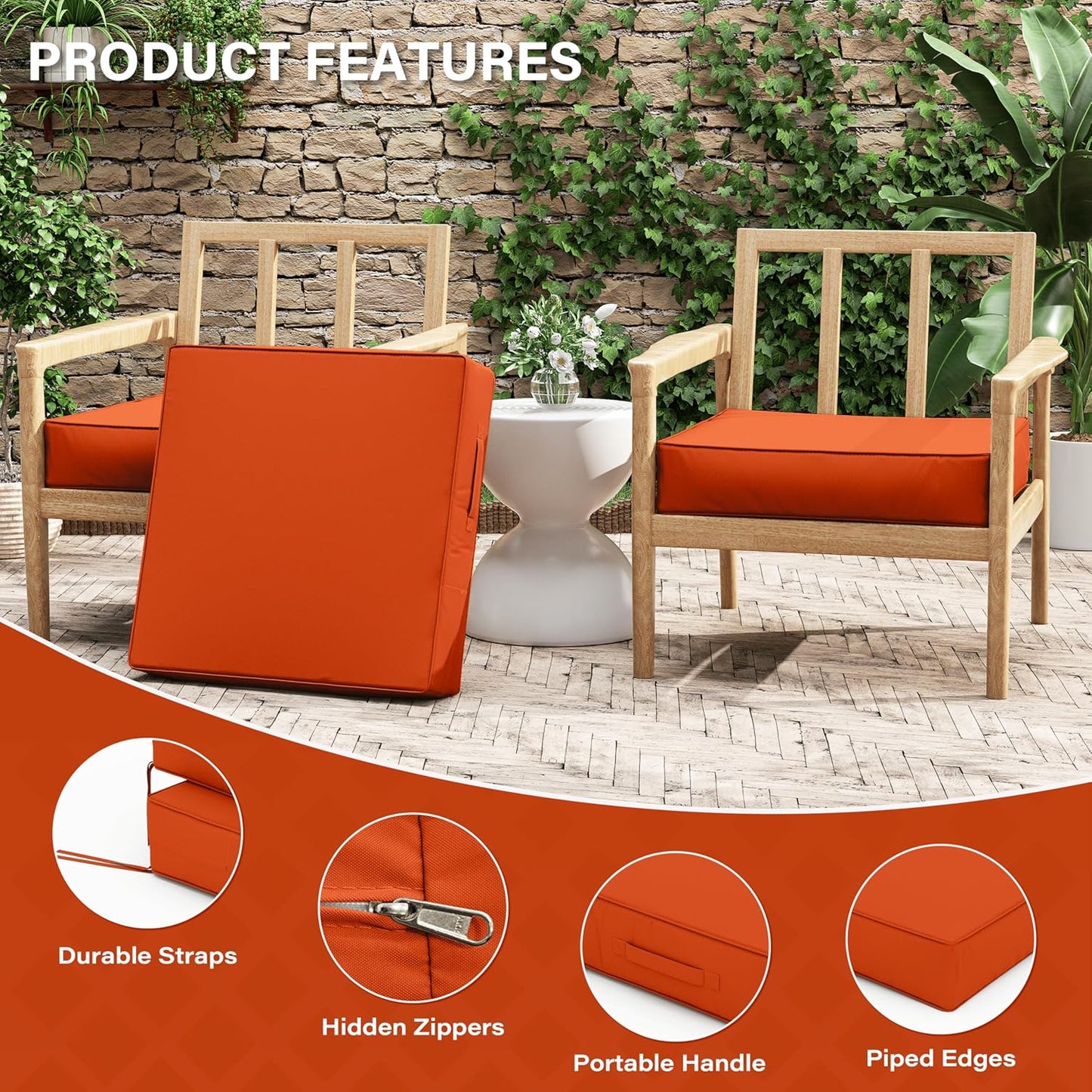 Patio Chair Cushions 24 X 24 X 5 Inch Waterproof Outdoor Seat Cushions for Patio Furniture, Outdoor Sofa Couch Pads with Ties & Handle, Set of 2, Orange