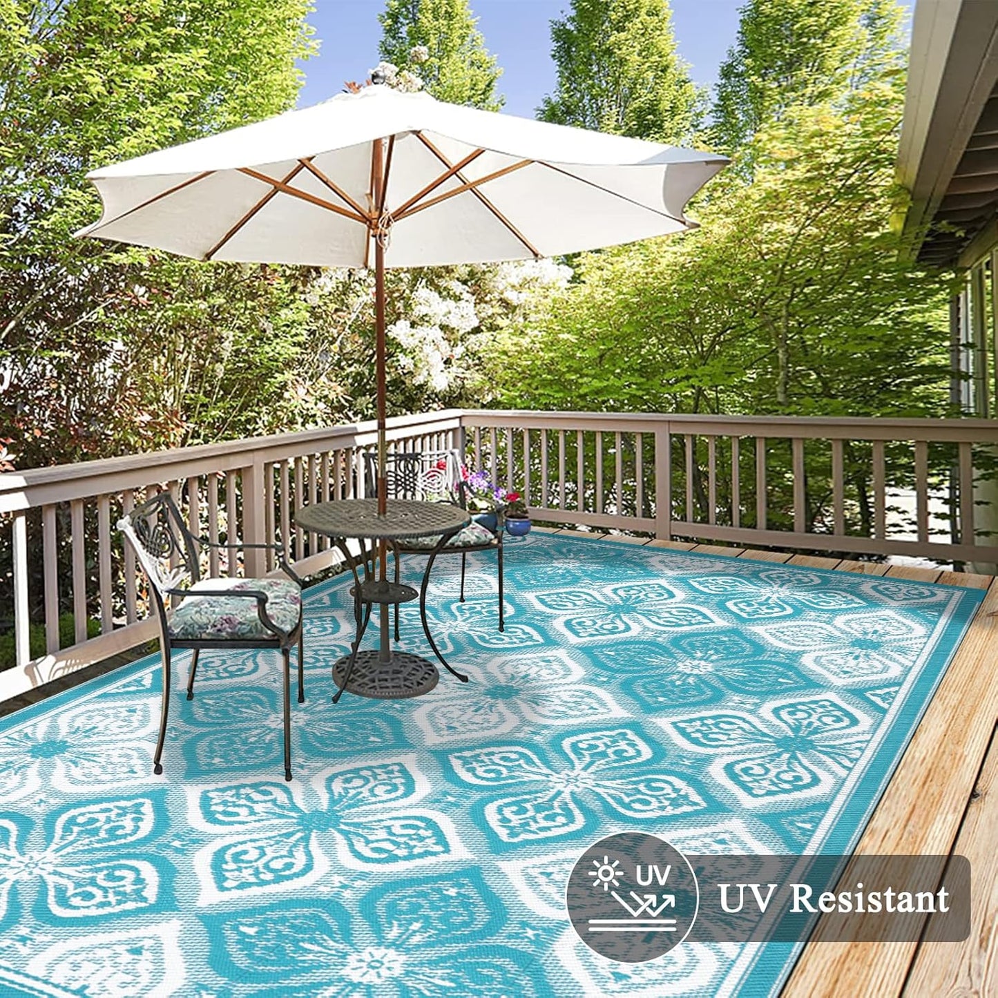 Pauwer Waterproof Outdoor Rug 6x9, Reversible Plastic Straw Patio Camping Rug, Indoor Outdoor RV Mat Carpet for Deck, Camper, Porch, Balcony, Backyard, Picnic, Clover Teal