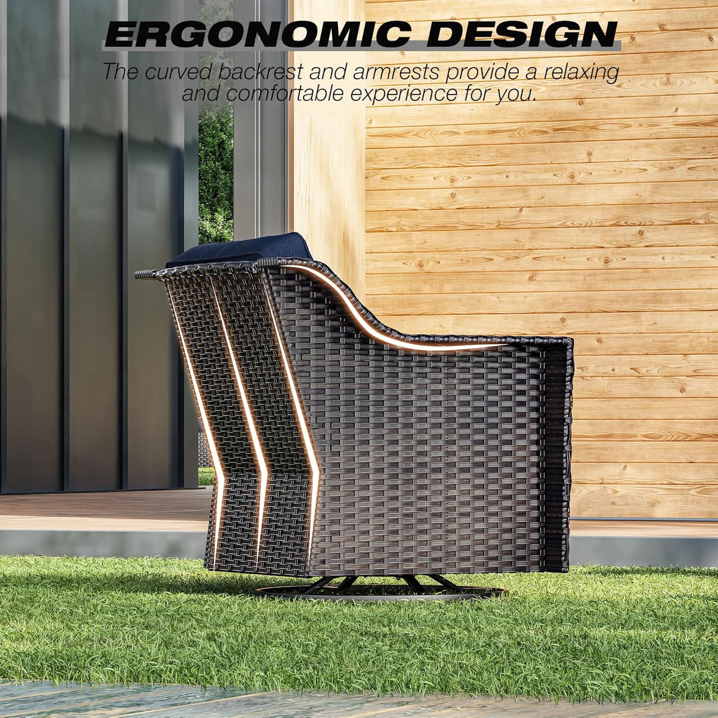 Joyside Wicker Patio Furniture Sets, 4 Pieces Upgraded Large Size Outdoor Furniture with Swivel Rocking Patio Chairs and Outdoor Ottoman, Thick Cushions, Wide Armrest