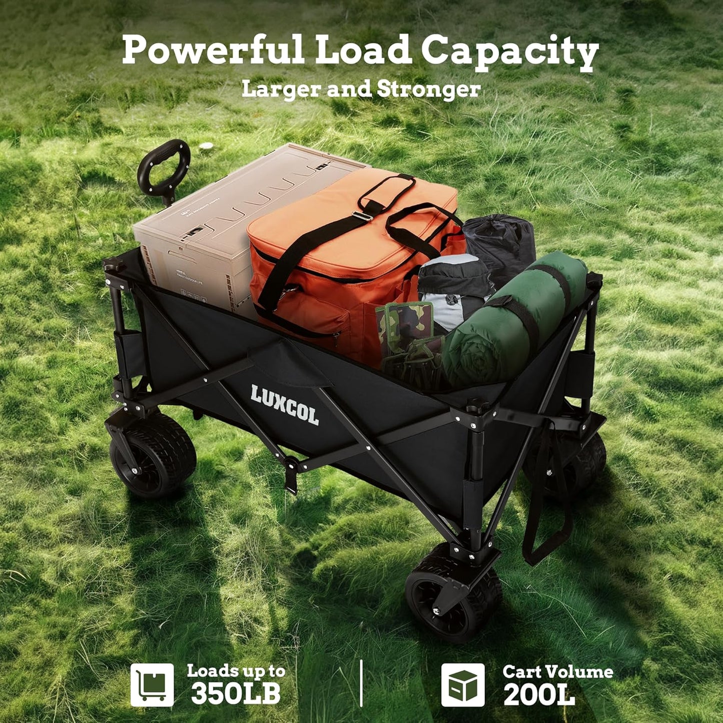 LUXCOL Collapsible Folding Wagon, Heavy Duty Utility Beach Wagon Cart for Sand with Big Wheels, Adjustable Handle&Drink Holders for Shopping, Camping,Garden and Outdoor