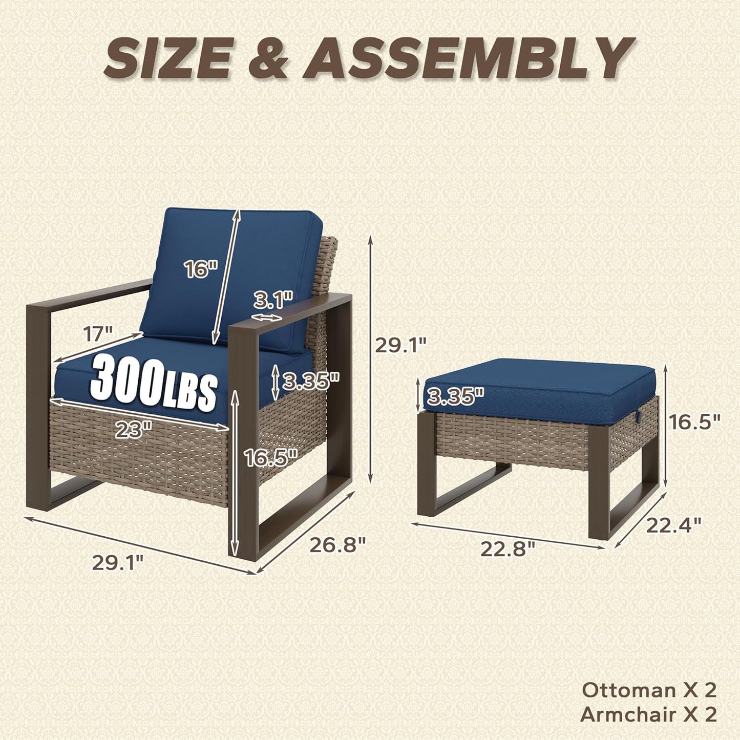 Outdoor Wicker Metal Chairs Set of 2 with Two Ottomans - 4 Pieces Patio Bistro Set with Rectangular Framed Wood-Looking Metal Armrest & Removable Cushions for Poolside, Terrace, Dark Blue