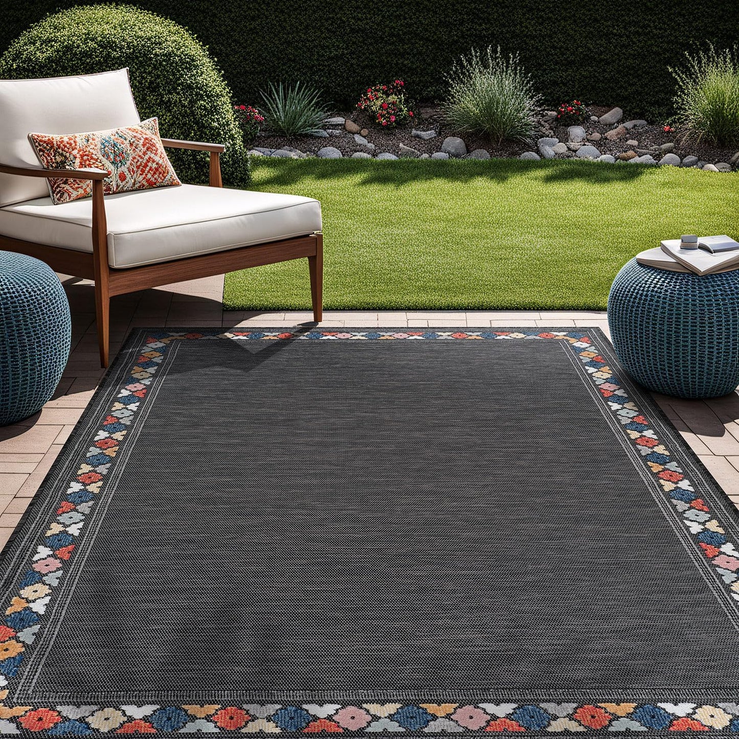 Beverly Rug Outdoor Rug 5x7 Modern Bordered Area Rugs for Indoor and Outdoor Patio Easy to Clean Non Shedding Living Room Porch Garden Washable Outside Carpet (5 x 7 Dark Gray)