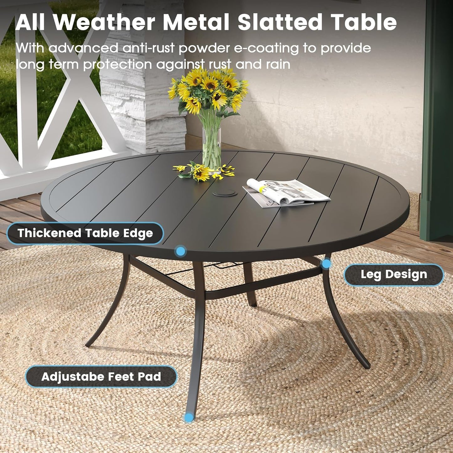 DIFY 50" Round Outdoor Patio Dining Table for 6, Metal Patio Table with 1.57" Adjustable Umbrella Hole, All-Weather Dining Furniture Table for Backyard Lawn Garden, Black