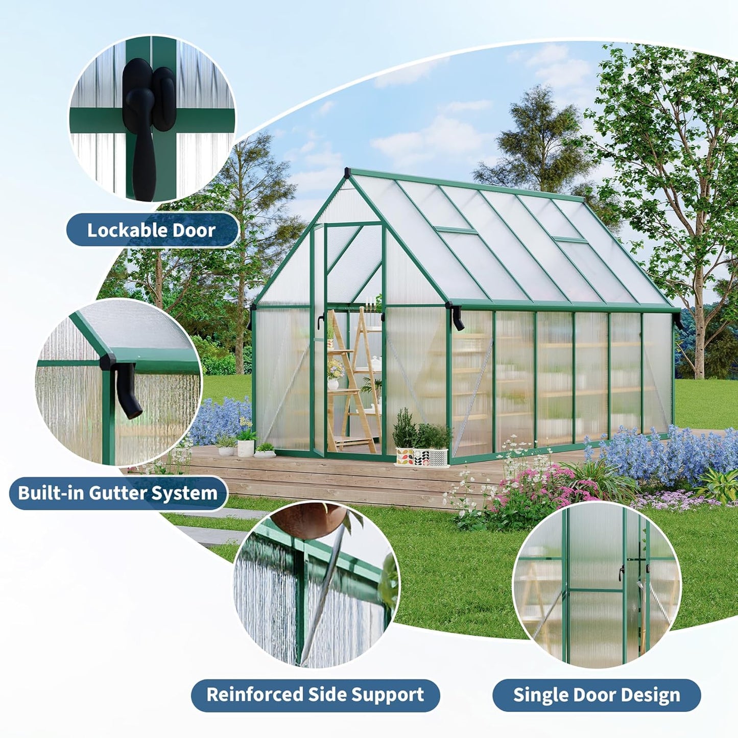 8'X14' Aluminum-Framed Polycarbonate Greenhouse, Heavy Duty Polycarbonate Greenhouse with Quick Setup Structure and Roof Vent, Large Enhanced Aluminum Greenhouses Kit for Outdoors