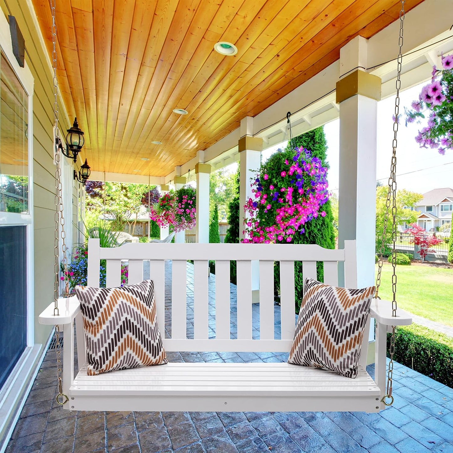 Anraja Wooden Porch Swing 2-Seater, Bench Swing with Hanging Chains, Heavy Duty 800 LBS, for Outdoor Patio Garden Yard, 4 Ft, White