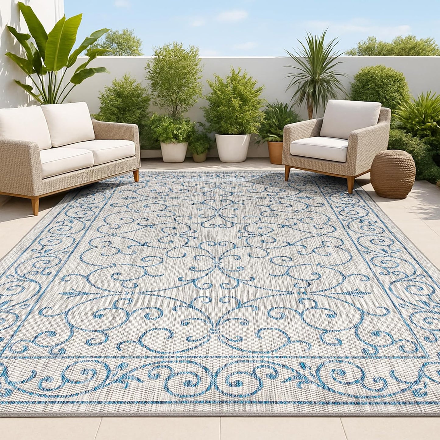 JONATHAN Y SMB106C-4 Charleston Vintage Filigree Textured Weave Indoor/Outdoor Gray/Navy 4 ft. x 6 ft. Area Rug, Classic,Easy-Cleaning,HighTraffic,LivingRoom,Backyard, Non Shedding