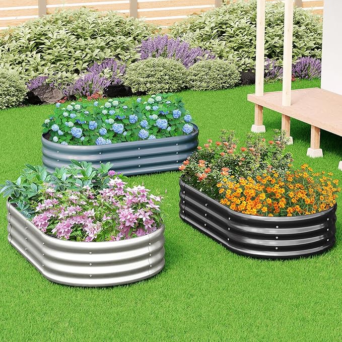 zizin Galvanized Raised Garden Bed Metal Oval Raised Garden Beds Outdoor Planter Box for Vegetables (12x2x1FT, Silver)