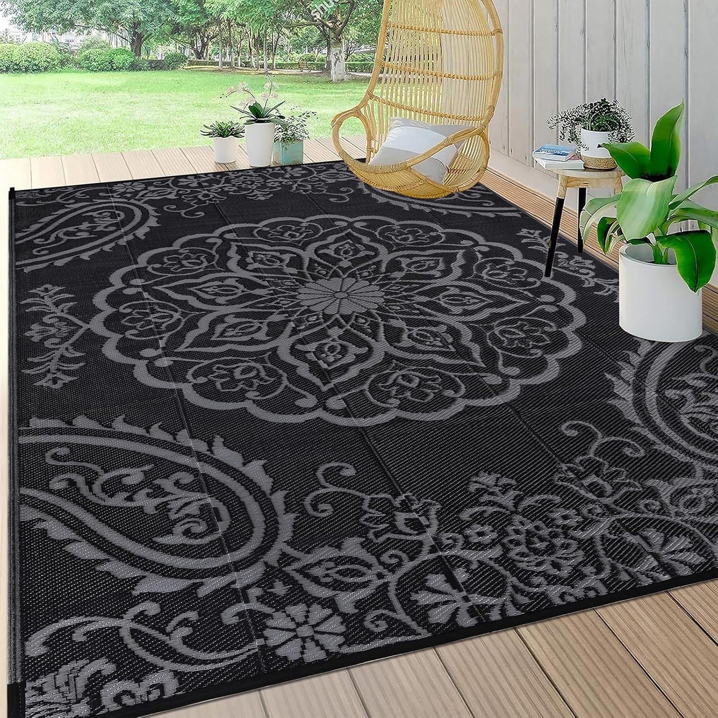 Pauwer Waterproof Outdoor Rug 8x10, Reversible Plastic Straw Patio Camping Rug, Indoor Outdoor RV Mat Carpet for Deck, Camper, Porch, Balcony, Backyard, Picnic, Boho Black Grey