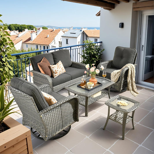 HOOOWOOO Patio Furniture Set,5 Pieces Outdoor Conversation Set,All Weather Wicker Loveseat Sofa Set with High Back Swivel Rocking Chairs Tables,Black