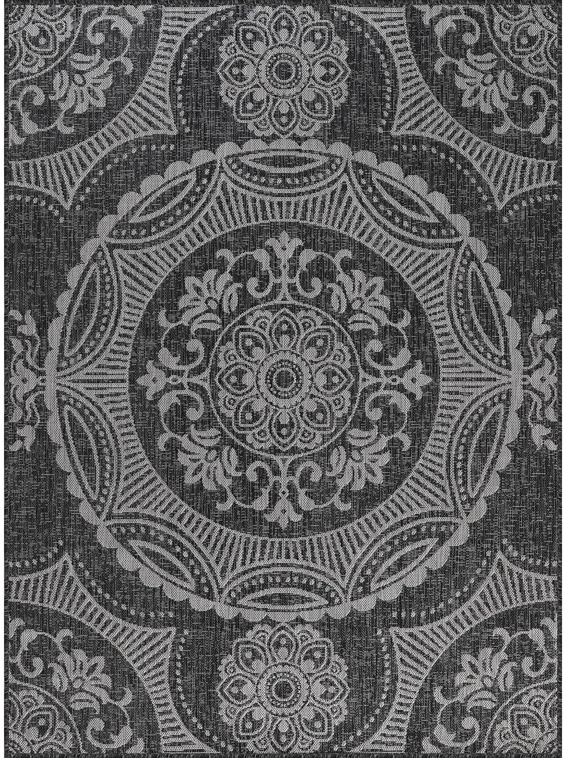 Medallion Outdoor Rug 9x12 Washable Outside Carpet for Indoor Patio Porch Waterproof Easy Cleaning Non Shedding Area Rugs Dark Gray 9 x 12
