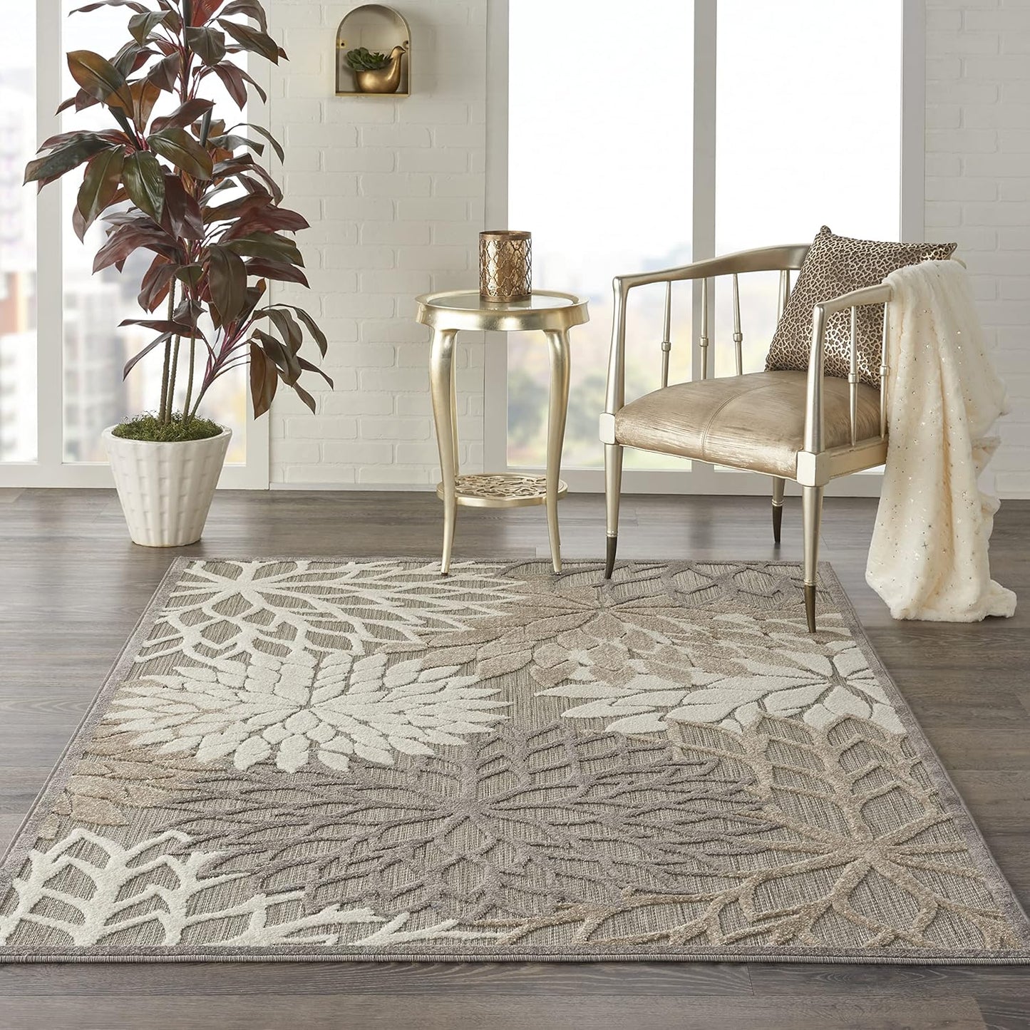 Nourison Home Aloha Indoor/Outdoor Floral Natural 5'3" x 7'5" Area Rug (5' x 8'), 5'3"X7'5",