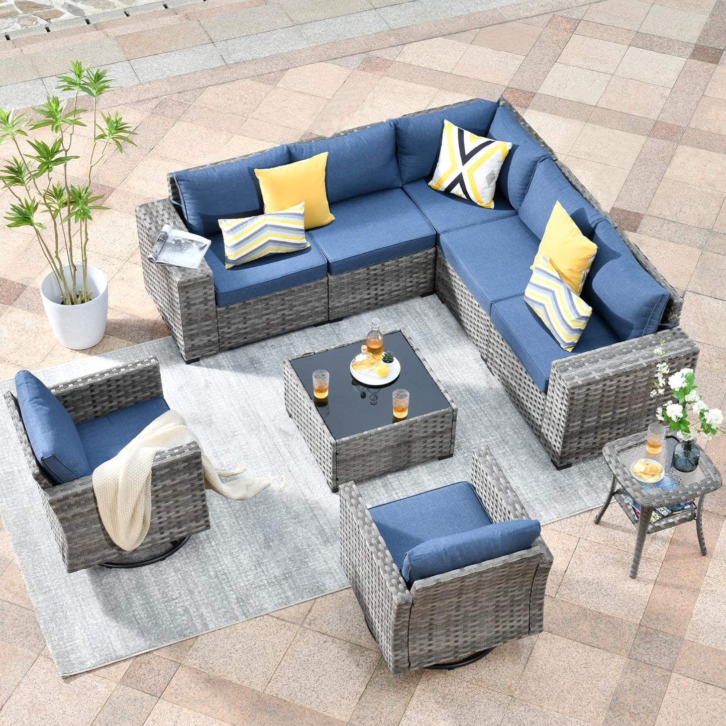 HOOOWOOO 9 Piece Modular Patio Outdoor Sectional Furniture Set with Swivel Rocking Chairs,Wicker Conversation Sofa Set,Outside Couch Set with Wide Arm(Denim Blue)