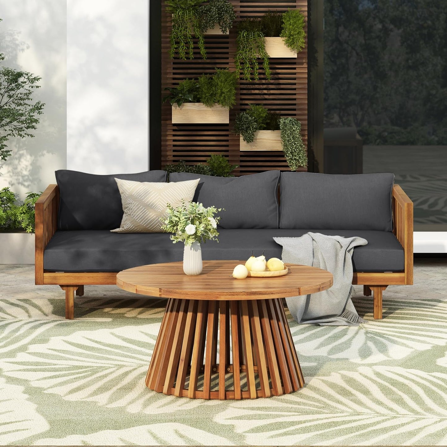 Christopher Knight Home Claremont Patio Sofa and Coffee Table Set, 2 Piece Outdoor Patio Furniture Set with Cushion, Acacia Wood 3 Seater Outdoor Sofa Daybed and Coffee Table Set, Teak+Dark Grey