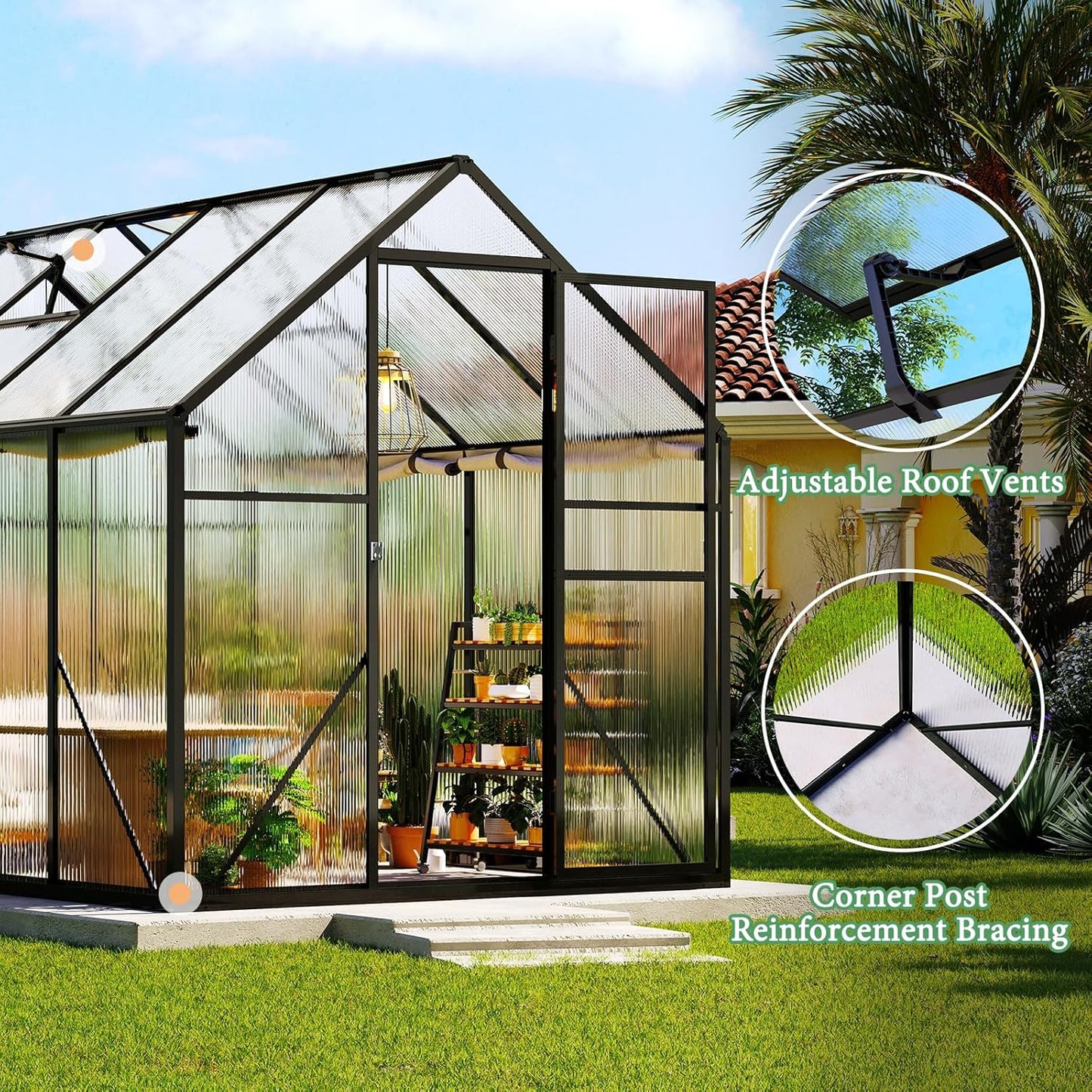 Amerlife 6x8x6.3 FT Ft Polycarbonate Greenhouse for Outdoors, Walk-in Design with Aluminum Frame, 2 Windows and Swing Door, Heavy-Duty Greenhouse Construction for Garden, Black