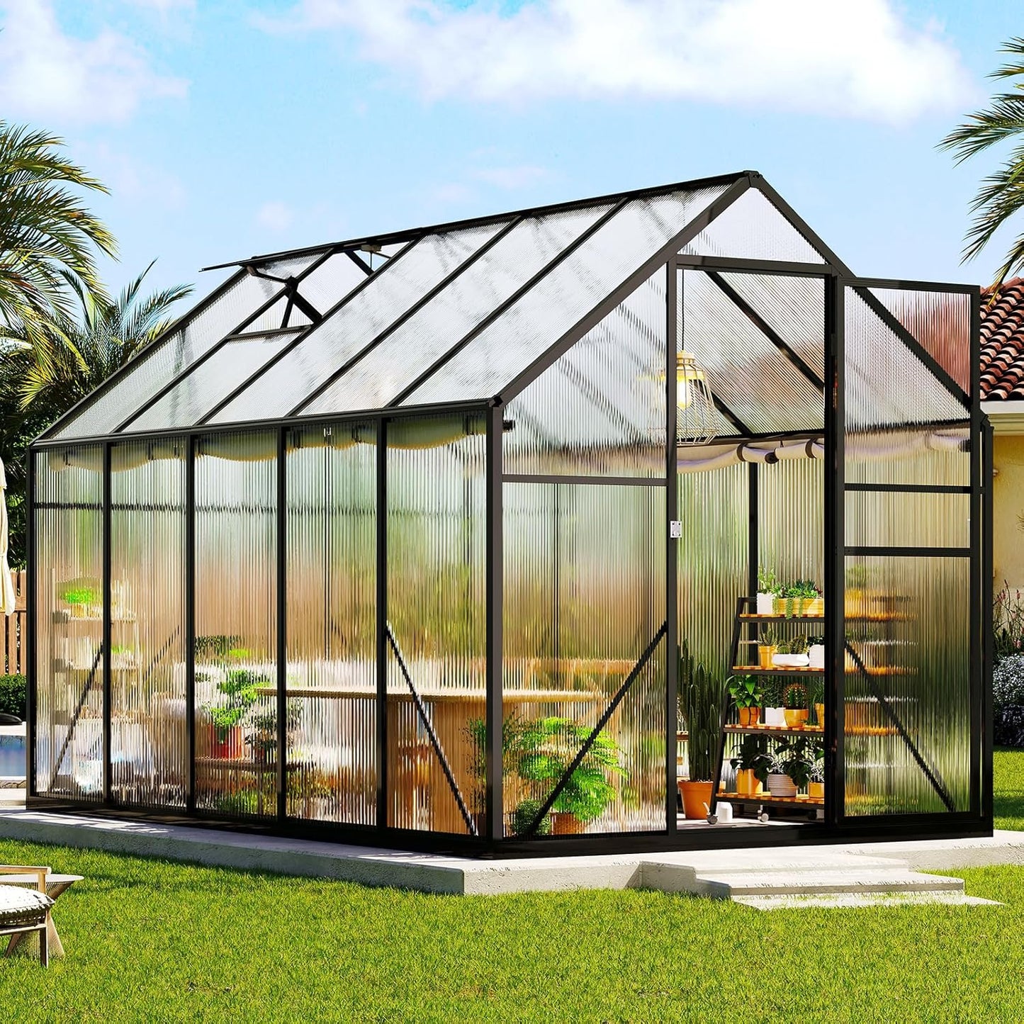 Amerlife 6x10x6.3 FT Ft Polycarbonate Greenhouse for Outdoors, Walk-in Design with Aluminum Frame, 2 Windows and Swing Door, Heavy-Duty Greenhouse Construction for Garden, Black