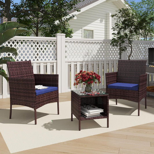 3 Piece Patio Furniture Set - Outdoor Conversation Sets with Coffee Table, Rattan Chair Set for Garden/Poolside, Brown/Navy Blue