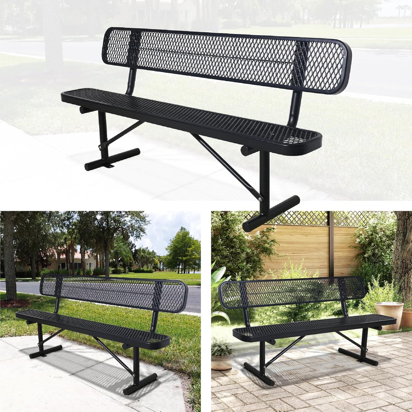 8FT Outdoor Bench Metal Park Bench with Backrest, Heavy-Duty Expanded Picnic Bench Steel Mesh Portable Seating Patio Bench for Garden, Porch, Park,School,Road Sports