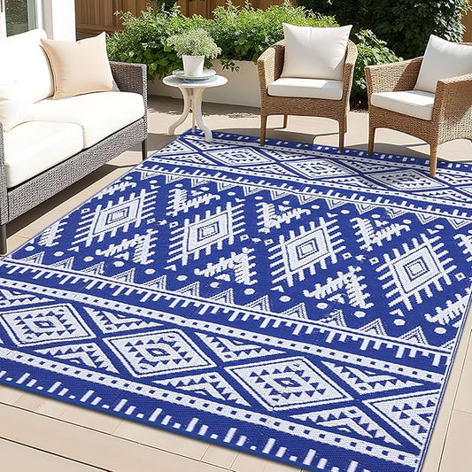 OLANLY Outdoor Rug Waterproof 6x9 ft, Reversible Outdoor Plastic Straw Rug, Boho Patio Rug, Indoor Outdoor Carpet, RV Mat Outside for Patio, Camp, Picnic, Balcony, Deck, Backyard, Blue & White