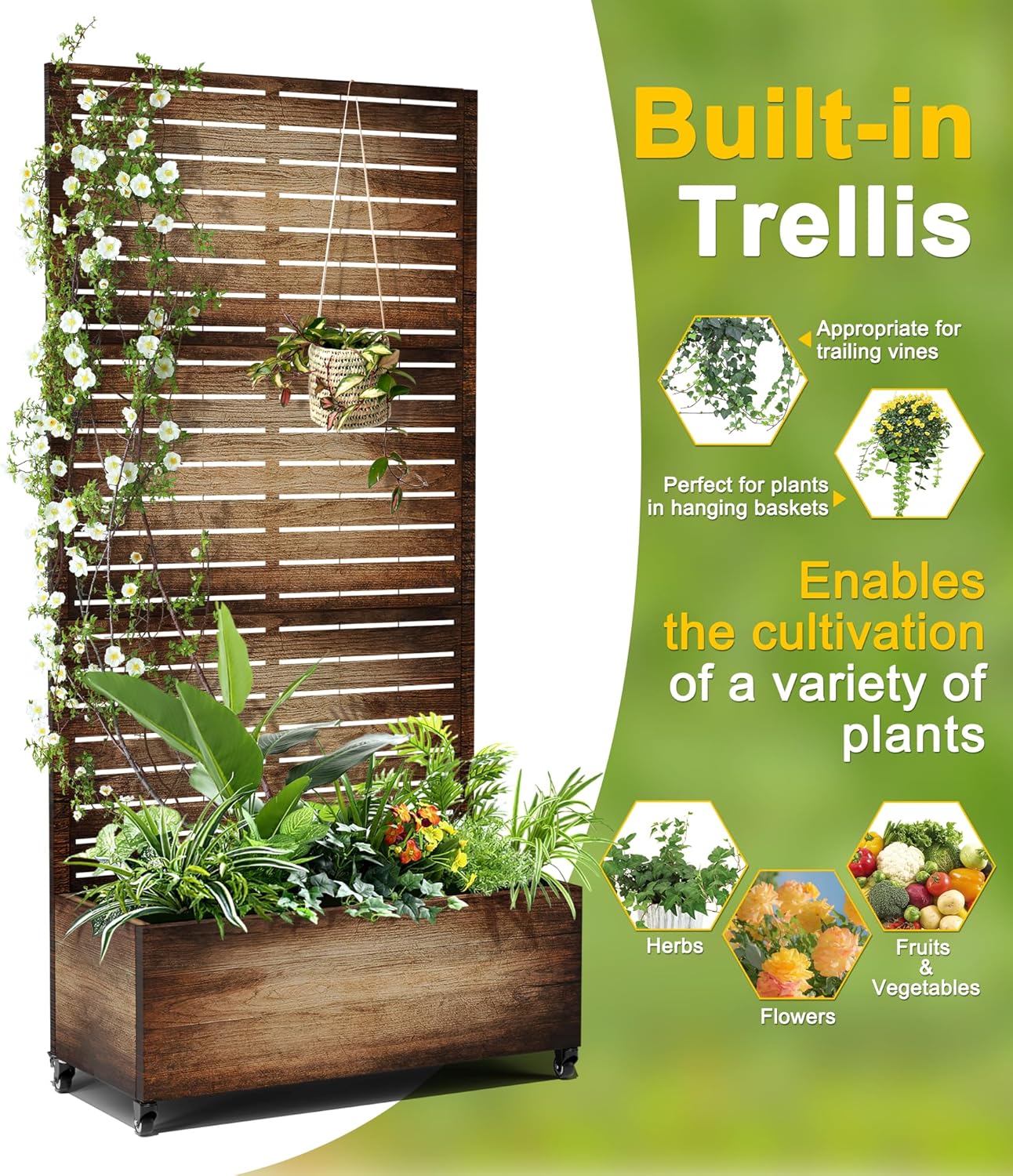 FENCY Metal Raised Garden Bed with Wheels and Trellis,73"x35"x16" Planter Box for Climbing Plants, Vegetables & Vines, Features Privacy Screen and Drainage Holes (Vintage Wood Color)