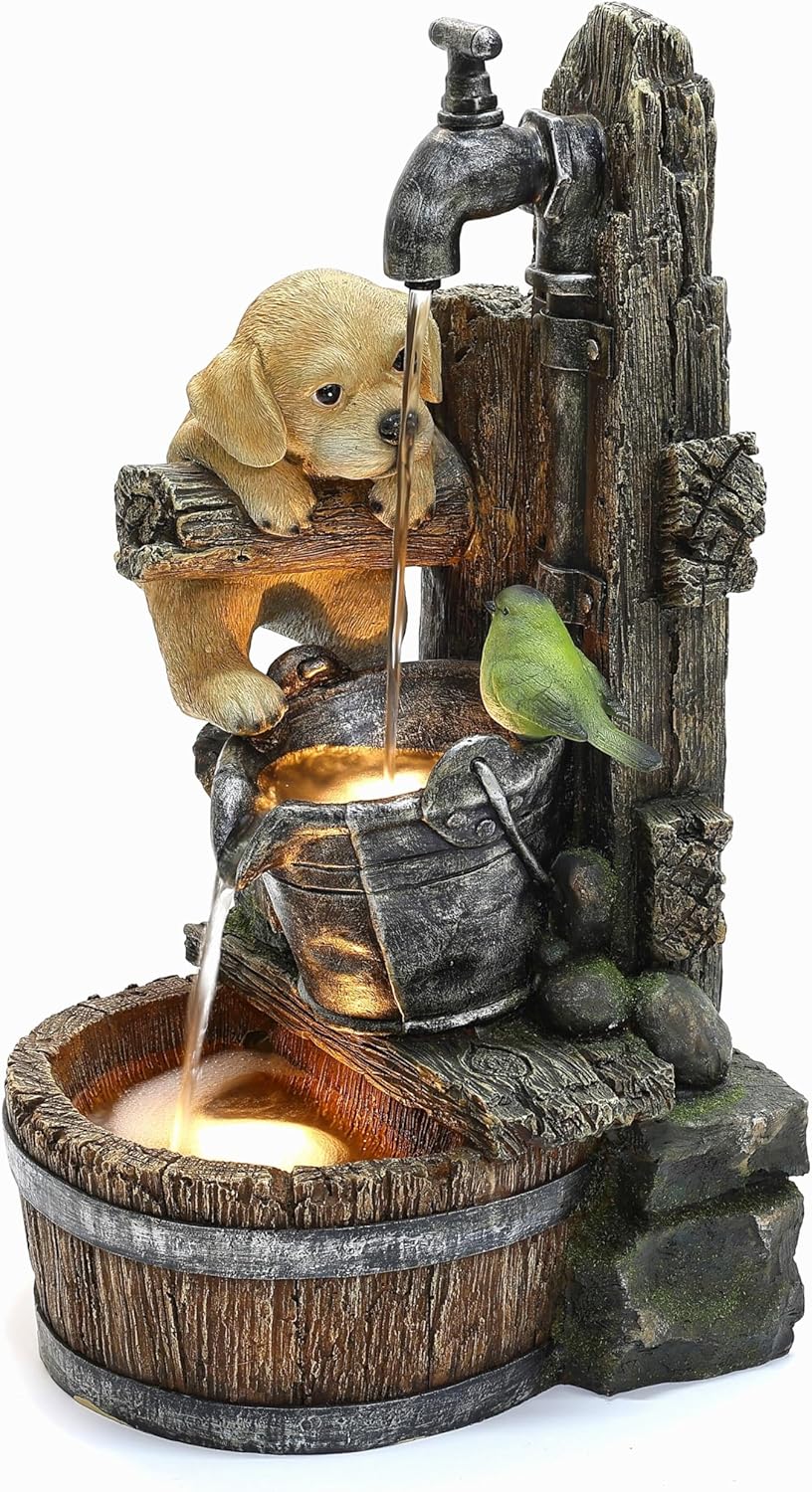LuxenHome Water Fountain Outdoor, 25" Whimsical Puppy Dog Resin Outdoor Water Fountain with LED Lights, Decorative Garden Waterfall Fountains Indoor and Outdoor for Patio, Garden Decor