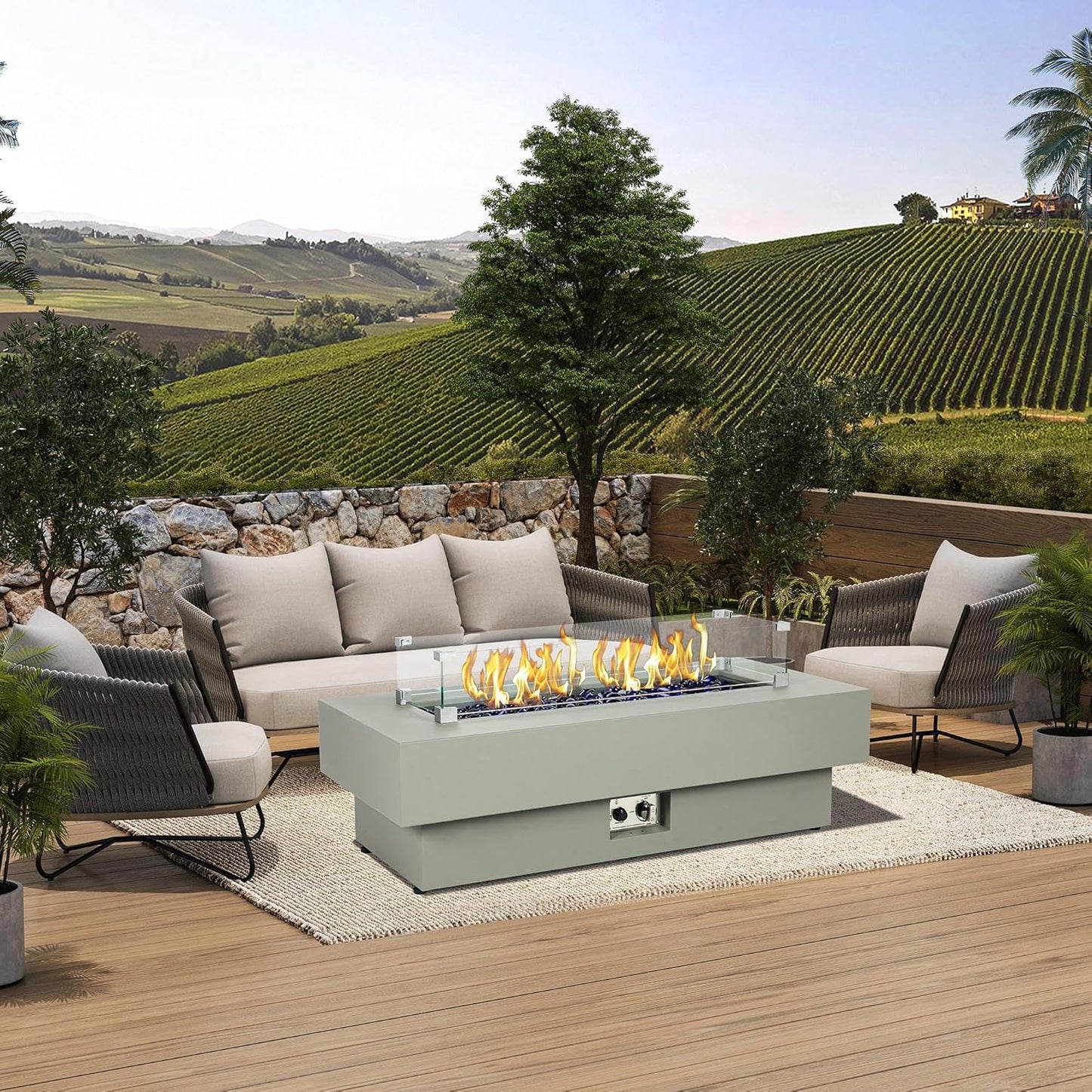 48-inch Fire Table with Natural Gas Conversion Kit & Wind Glass Shield, 50,000BTU Outdoor Modern Patio Fire Pit Table w/Rectangular Burner Lid, Glass Rocks, Cover