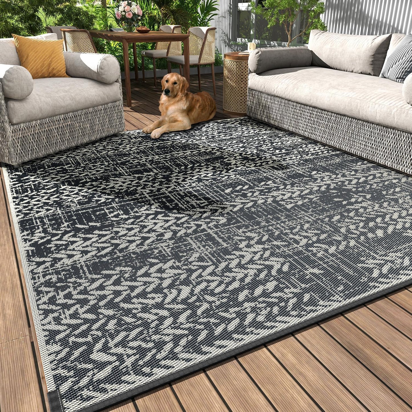 MontVoo Outdoor Rug 9x12 Waterproof-Patio Rug Outdoor Carpet Reversible RV Camping Picnic Plastic Straw Rug Outside Outdoor Area Rug for Balcony Deck Backyard Patio Decor Boho Modern Abstract Grey