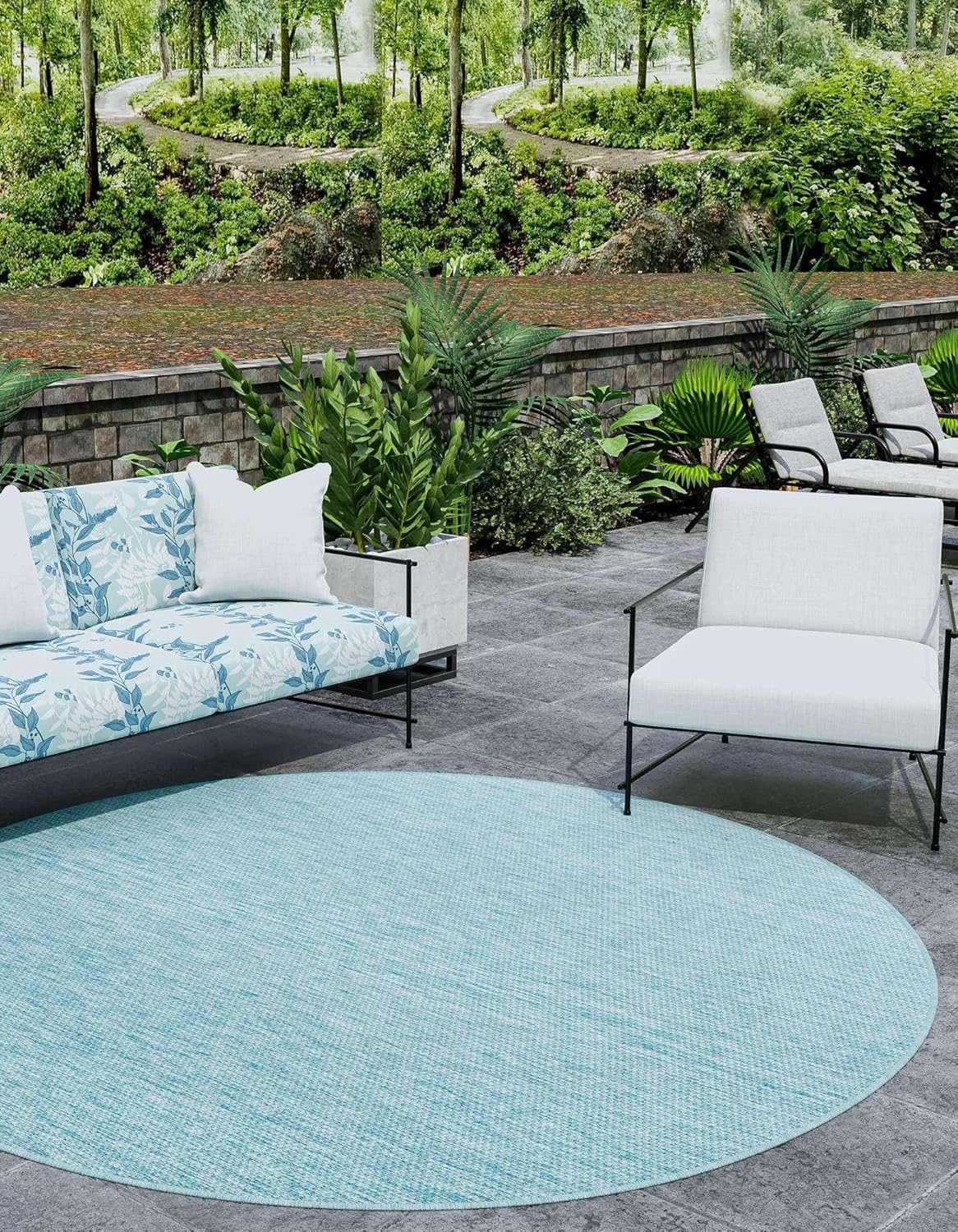 Unique Loom Collection Casual Transitional Solid Heathered Indoor/Outdoor Flatweave Area Rug (10' 8" Round, Aquamarine/Ivory)