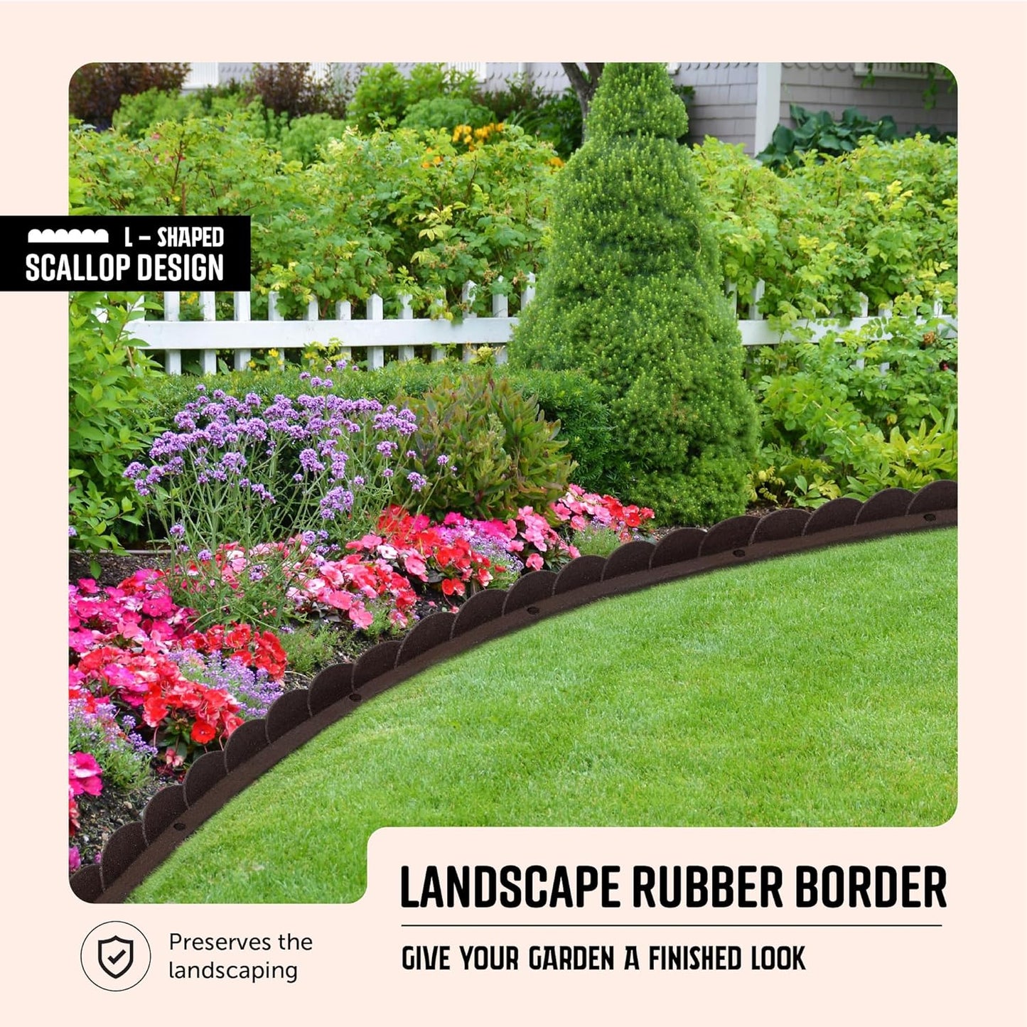 Playsafer L Shaped Flexible Rubber Scalloped Edger for Lawns Landscaping and Playground | Easy No Dig Installation| 4' Long (1, Brown)