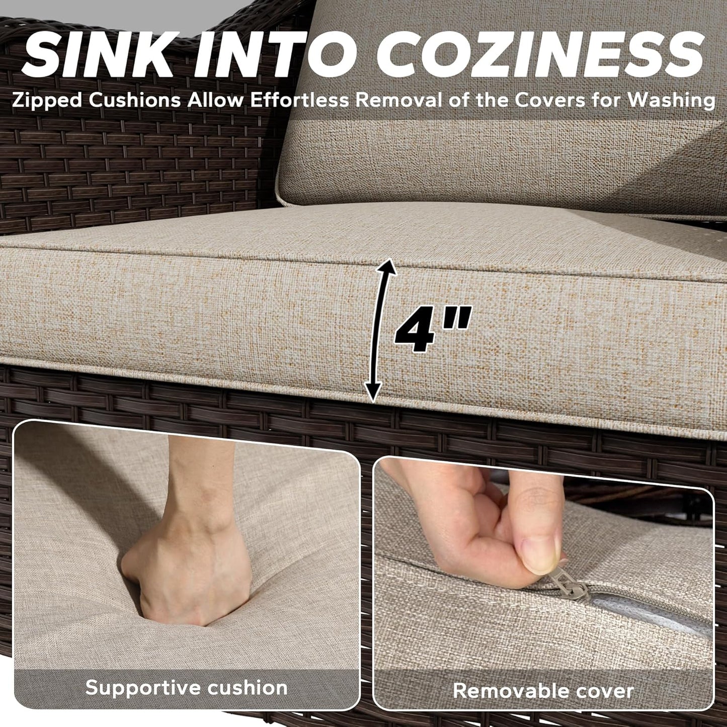 Outdoor Wicker 360 Degree Swivel Glider Rocker Chairs Set, Patio Conversation Furniture Set with Washable Cushions for Garden, Poolside (Beige)