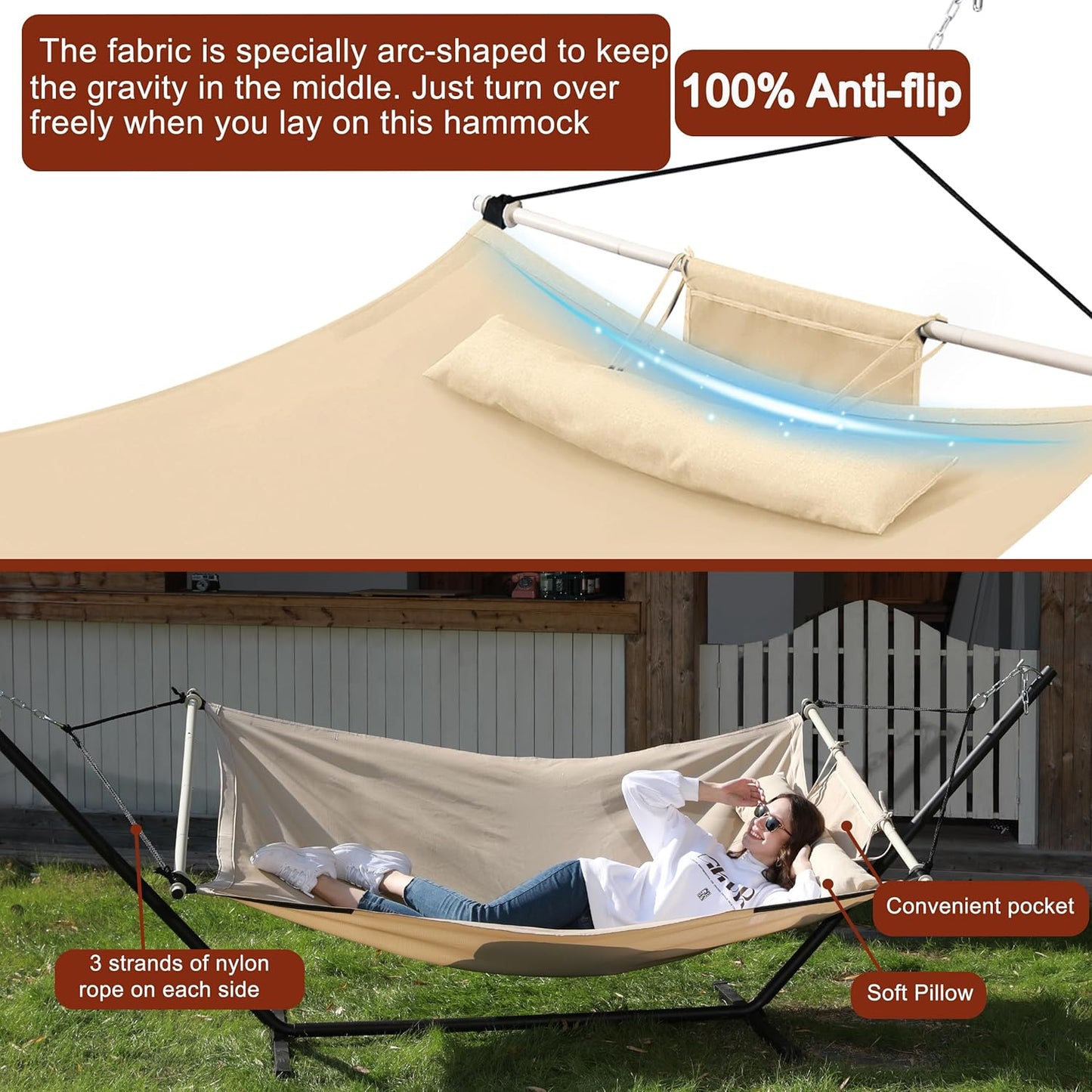 TegerDeger Anti-flip 12FT Hammock Large Hammock 450LB Capacity with Iron Spreader Bar & Nylon Rope for Outside, Patio, Garden, Backyard, Beach - Beige