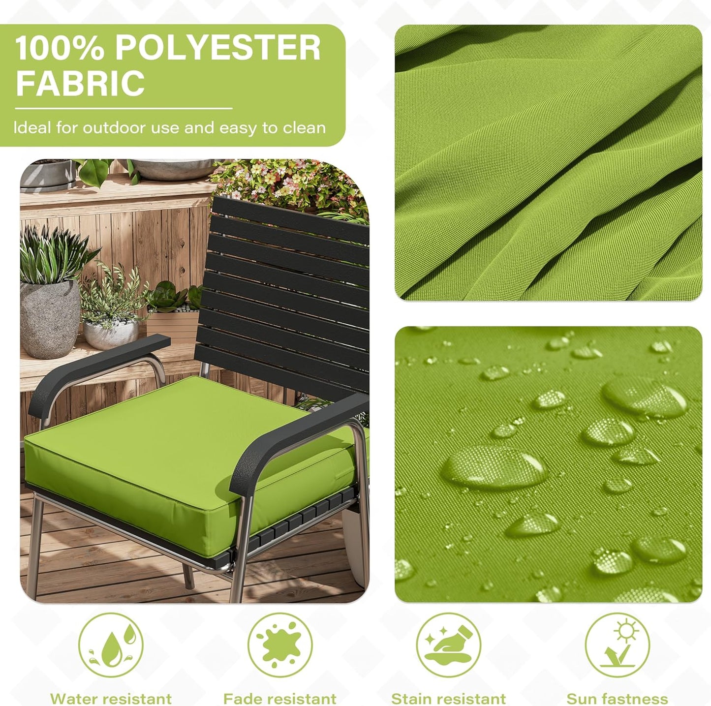 Patio Chair Cushions 19 X 19 X 4 Inch Waterproof Outdoor Seat Cushions for Patio Furniture, Outdoor Sofa Couch Pads with Ties & Handle, Set of 2, Grass Green