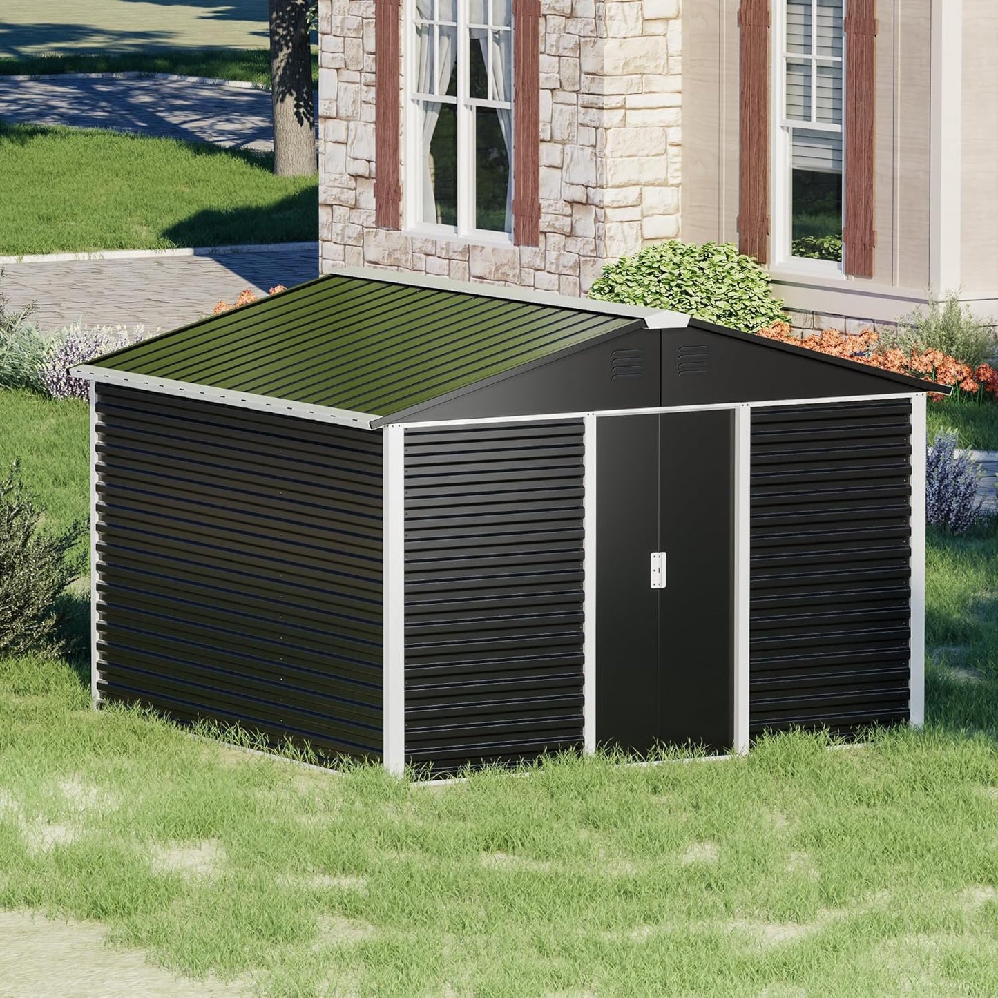 Metal Outdoor Storage Shed 10FT x 10FT, Steel Utility Tool Shed Storage House with Sliding Door, Metal Sheds Outdoor Storage for Backyard Garden Patio Lawn, Black