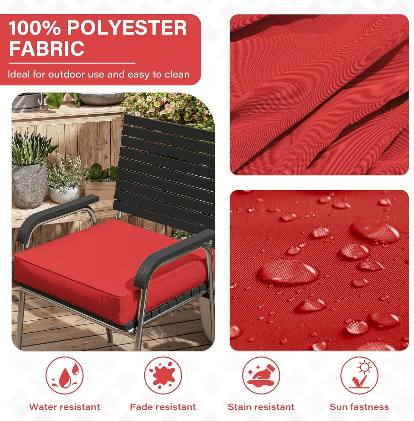 Patio Chair Cushions 19 X 19 X 4 Inch Waterproof Outdoor Seat Cushions for Patio Furniture, Outdoor Sofa Couch Pads with Ties & Handle, Set of 2, Red