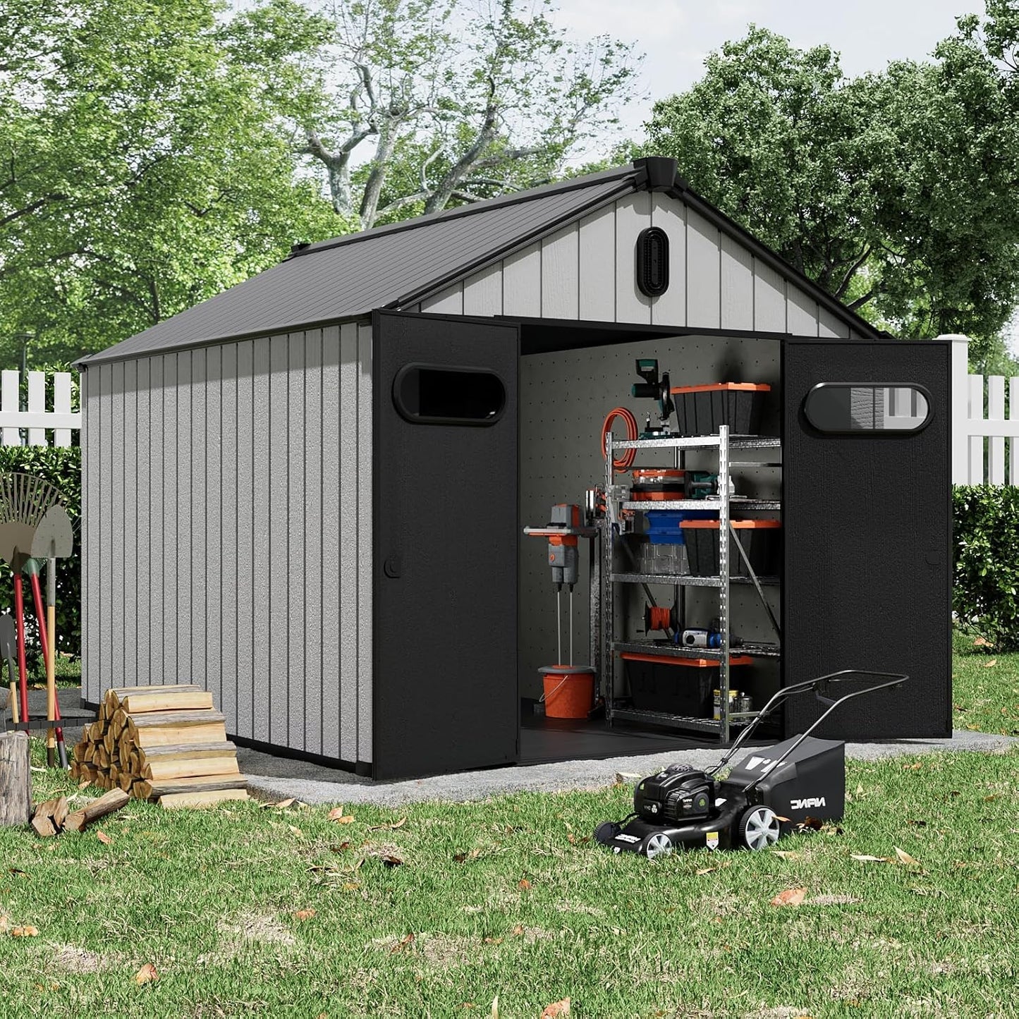 Aoxun 10X8FT Outdoor Shed with Floor, Resin Storage Shed with Lockable Door, Garden Utility Tool Shed Storage House for Backyard, Patio, Lawn