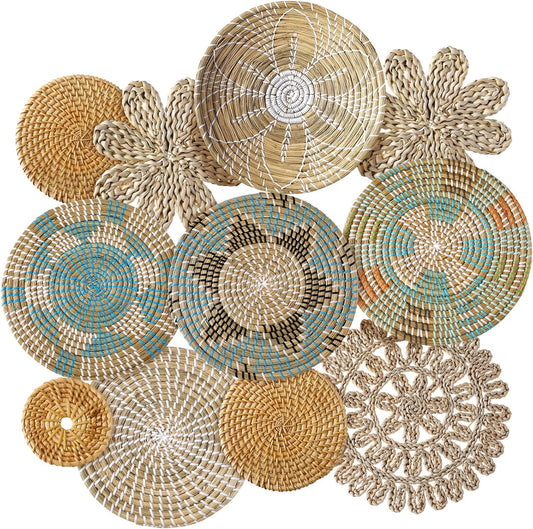 Xuhal 11 Pcs Boho Hanging Wall Basket Decor Handmade Woven Basket Wall Decorative Boho Wicker Baskets Placemats Round Farmhouse Bulrush Art for Rustic Home Decorations Christmas Gift(Bright)