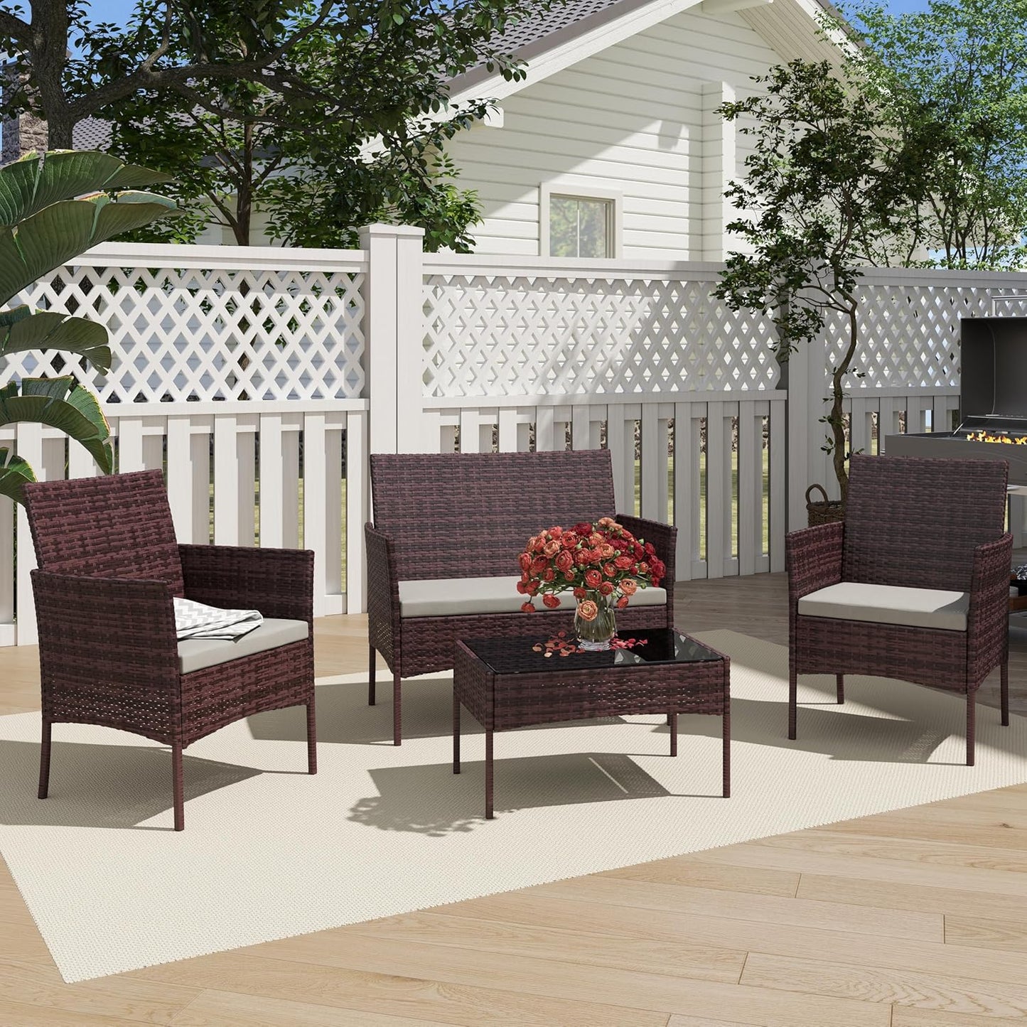 4 Piece Patio Furniture Set - Outdoor Conversation Sets with Coffee Table, Rattan Chair Set for Garden/Poolside, Brown/Grey