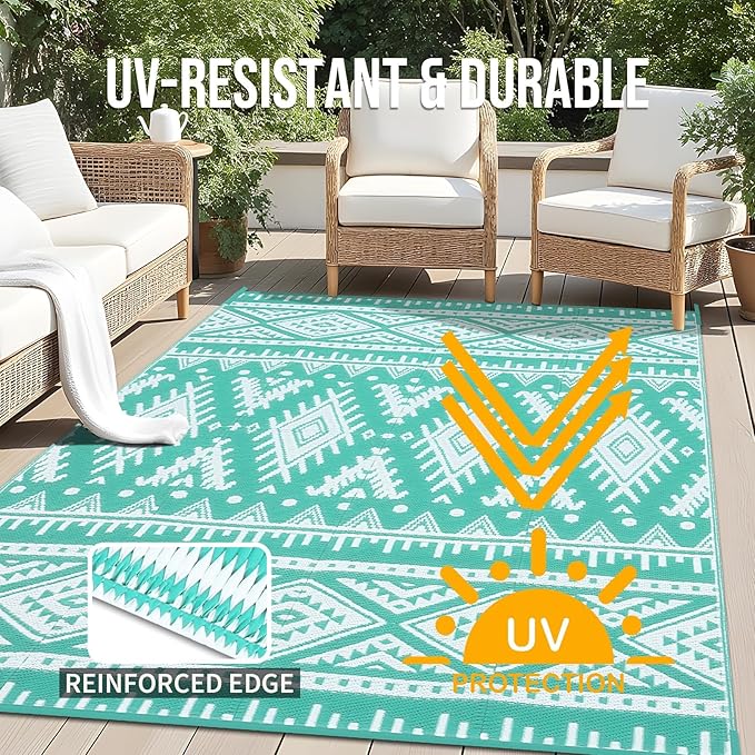 OLANLY Outdoor Rug Waterproof 8x10 ft, Reversible Outdoor Plastic Straw Rug, Boho Patio Rug, Indoor Outdoor Carpet, RV Mat Outside for Patio, Camp, Picnic, Balcony, Deck, Backyard, Turquoise & White