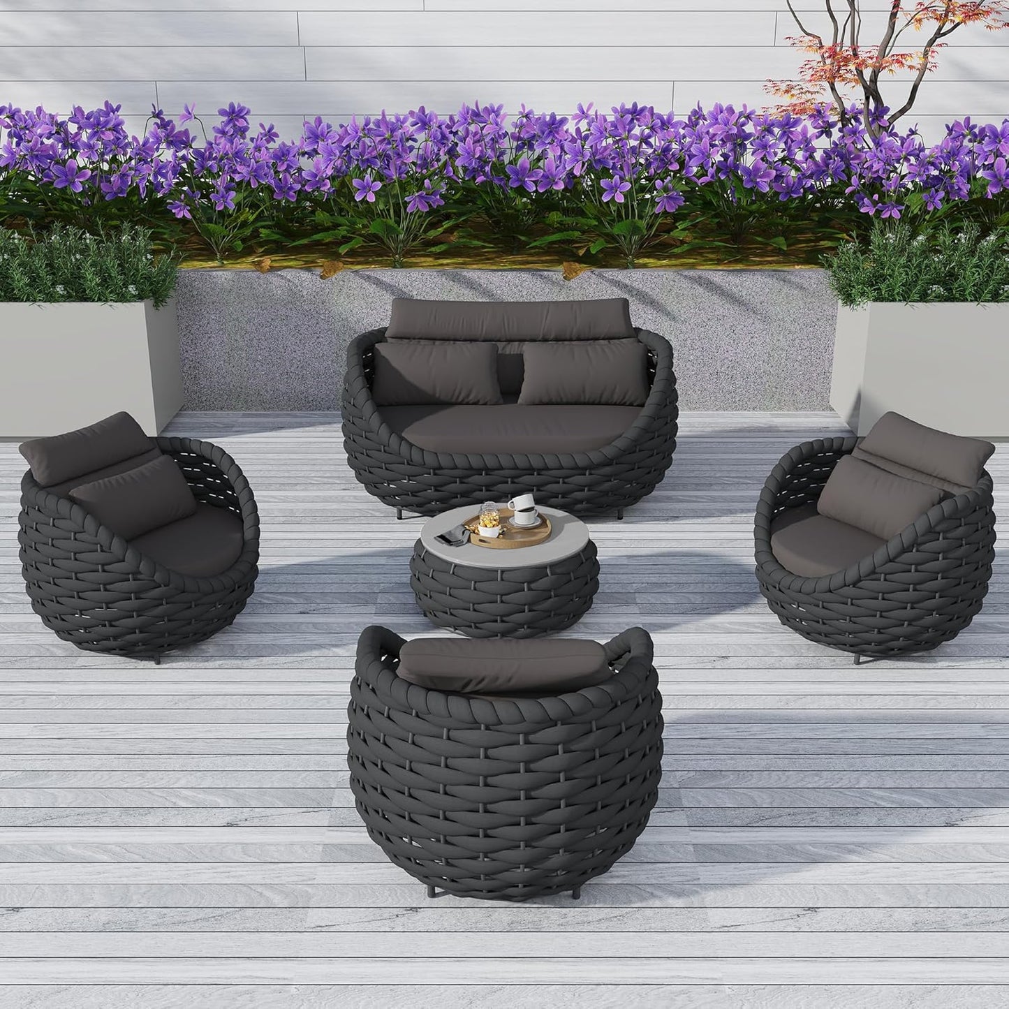 5 Pieces Patio Furniture Set, Outdoor Rope Conversation Sectional Patio Sofa with 5 Seater for Backyard, Porch, Modern Armchairs with Thickness Cushions and Side Table, Dark Grey