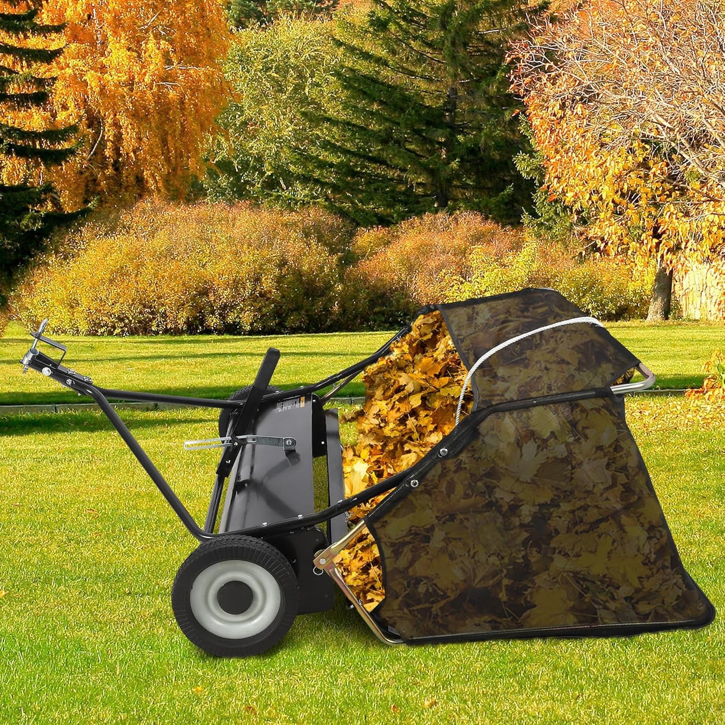 GAOMON 42 inch Lawn Sweeper Tow Behind, Large Pull Behind Lawn Sweeper, Heavy Duty Leaf & Grass Collector with Dumping Rope Design, Adjustable Sweeping Height for Picking Up Debris & Grass