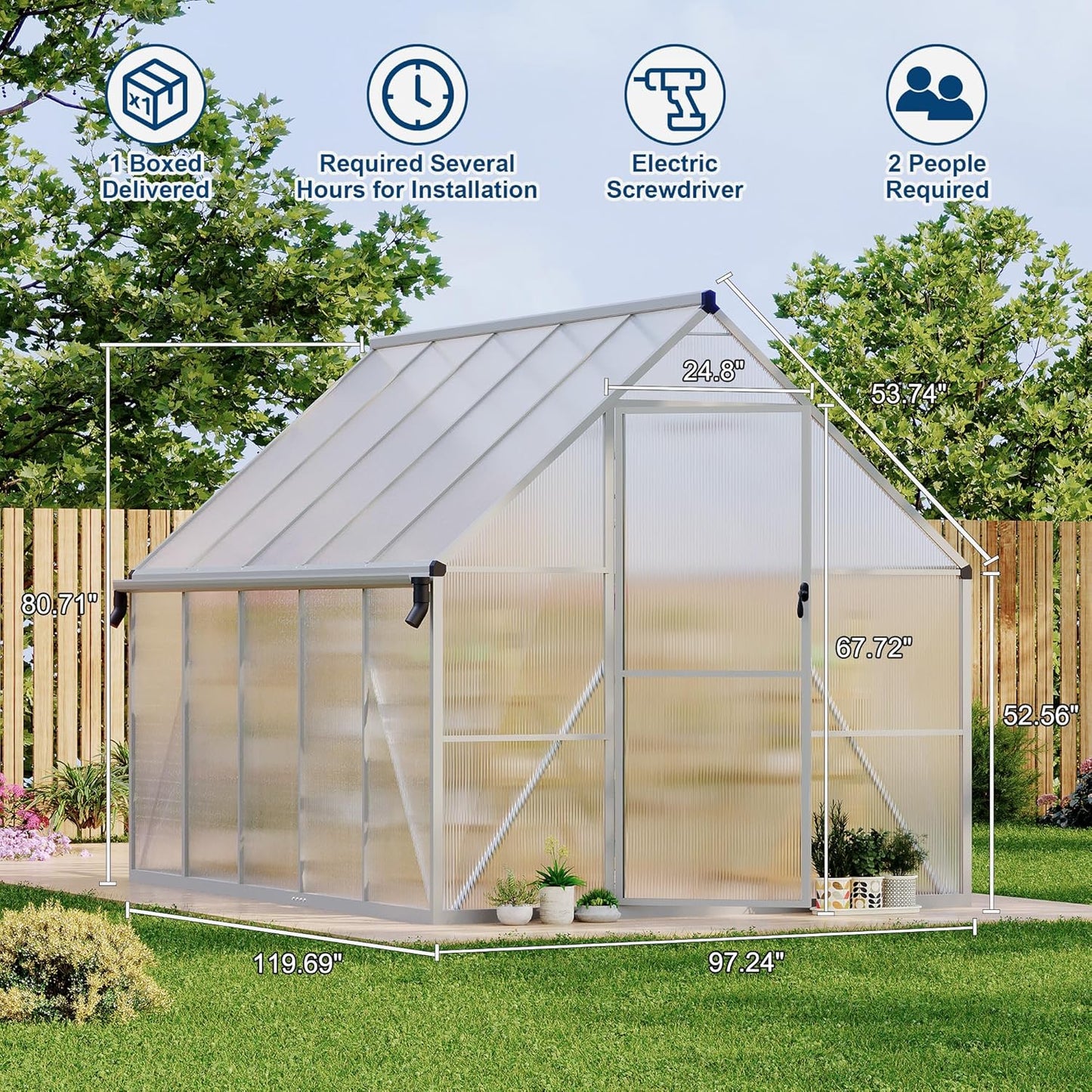 8'X10' Aluminum-Framed Polycarbonate Greenhouse, Heavy Duty Polycarbonate Greenhouse with Quick Setup Structure and Roof Vent, Large Enhanced Aluminum Greenhouses Kit for Outdoors
