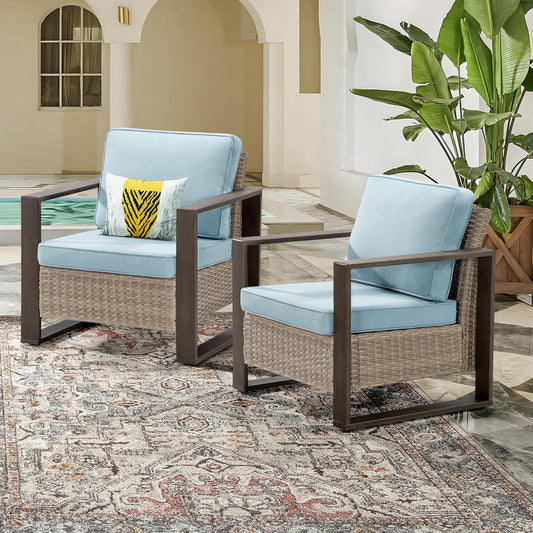 Patio Metal Wicker Chairs Set of 2, All Weather Outdoor Rattan Dining Chairs with Rectangular Framed Wood-Looking Armrest & Fade-Resistant Cushions for Deck Balcony Backyard, Baby Blue