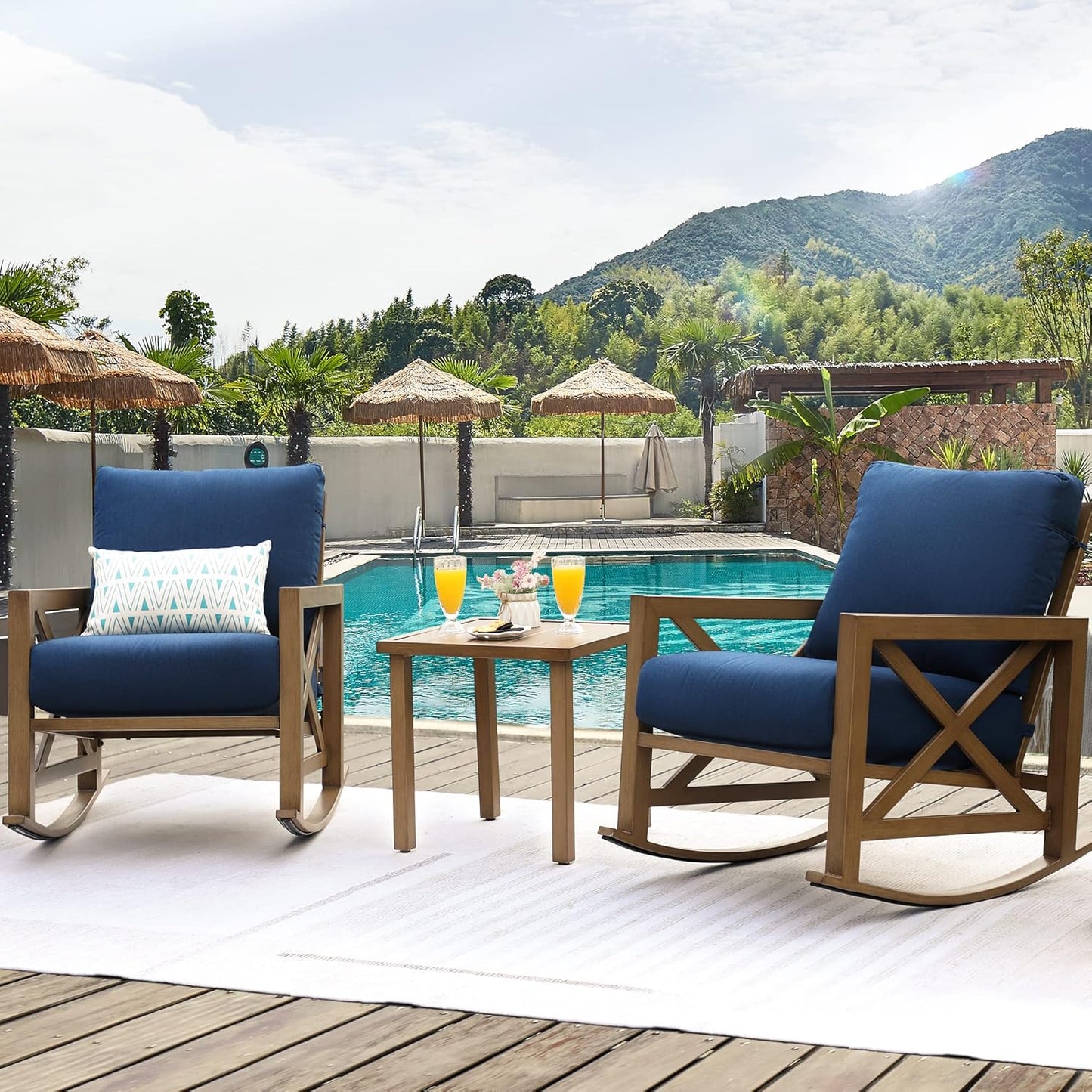 NATURAL EXPRESSIONS Sunbrella Rocking Bistro Set, 3 Piece Outdoor Patio Conversation Furniture Set with 6.5'' Thick Cushions Wood Grain Finish Frame for Backyard,Porch,Poolside
