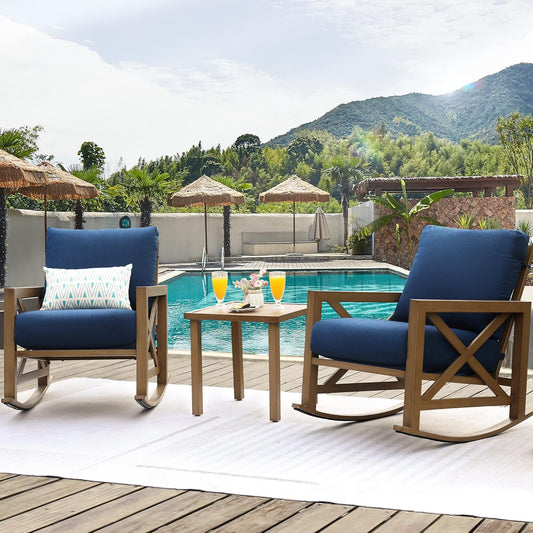 NATURAL EXPRESSIONS Sunbrella Rocking Bistro Set, 3 Piece Outdoor Patio Conversation Furniture Set with 6.5'' Thick Cushions Wood Grain Finish Frame for Backyard,Porch,Poolside